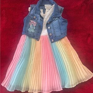 Rare Editions Pastel Rainbow Pleated Dress with Denim Vest
